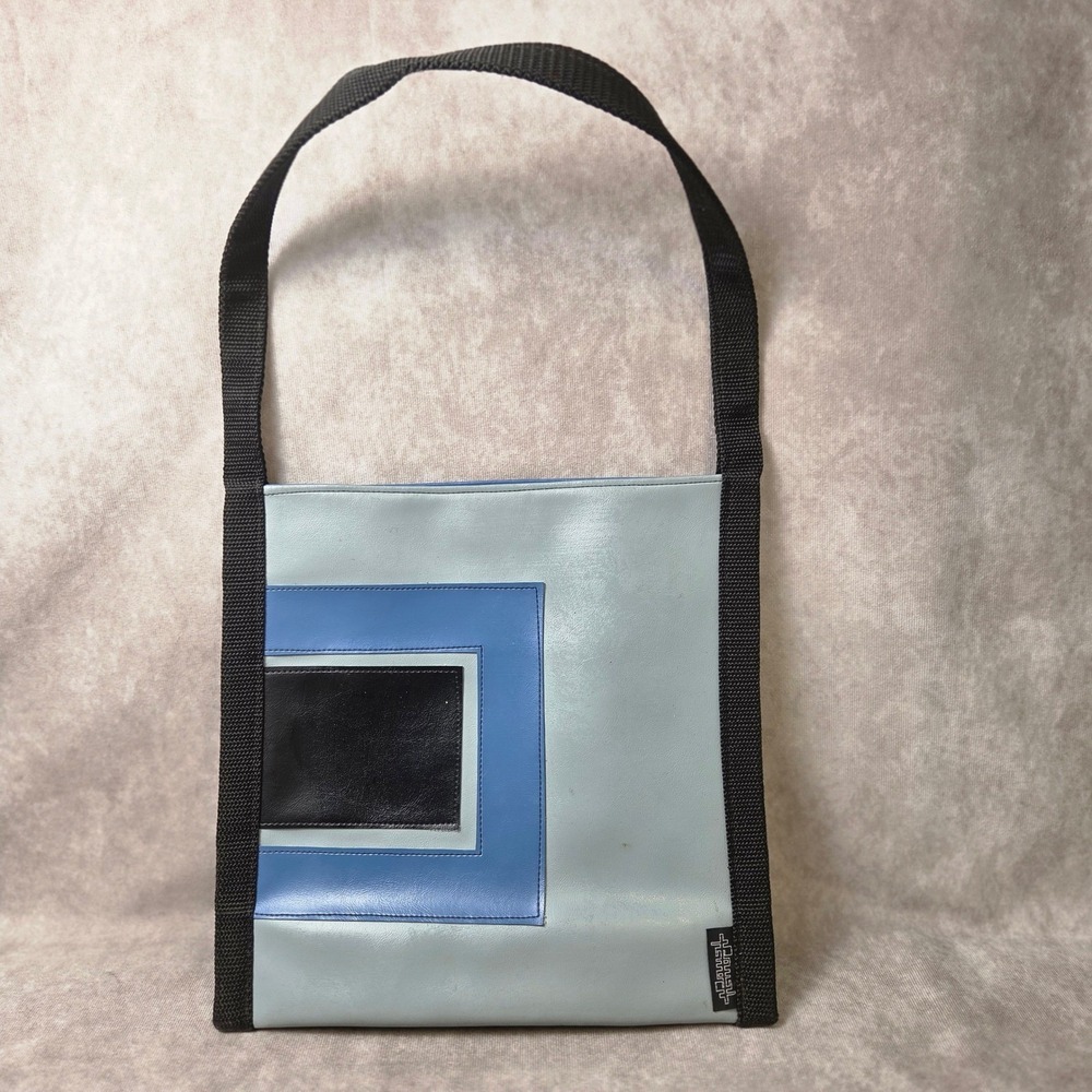 Holly Aiken Crossbody Bag Blue Colorblock Vinyl Messenger Geometric Slim Tote
